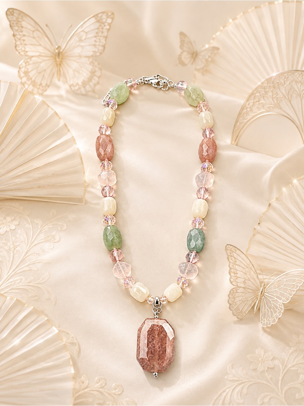 🆕😍❤️Handcrafted Multicolor Gemstone Pendant Necklace - Pink & Green